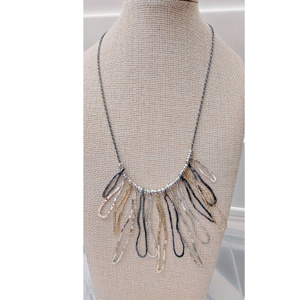 PZ Israel 925 Sterling Silver Hammered Tricolor Fringe Dangle Necklace 18"